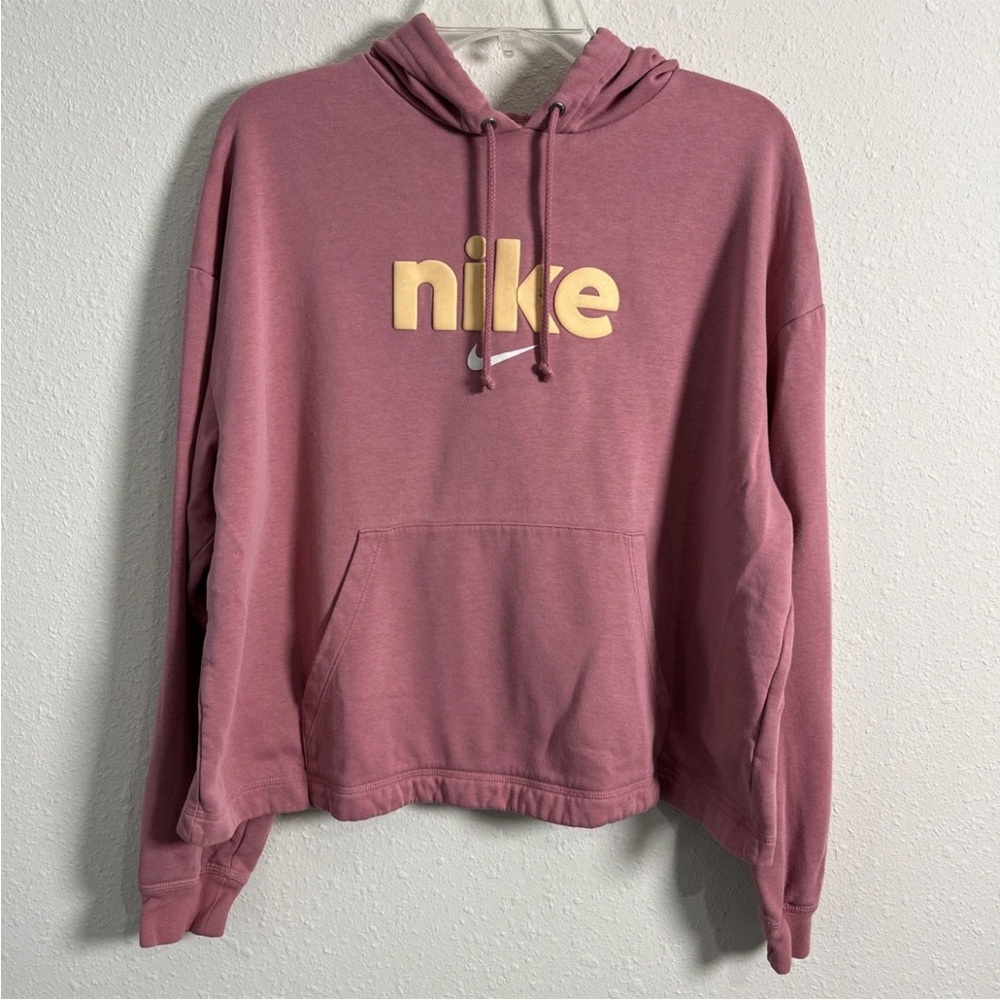 Nike Hoodie Womens Lg Pink Fleece Center Textured Swoosh Logo Slightly Cropped - Picture 1 of 9